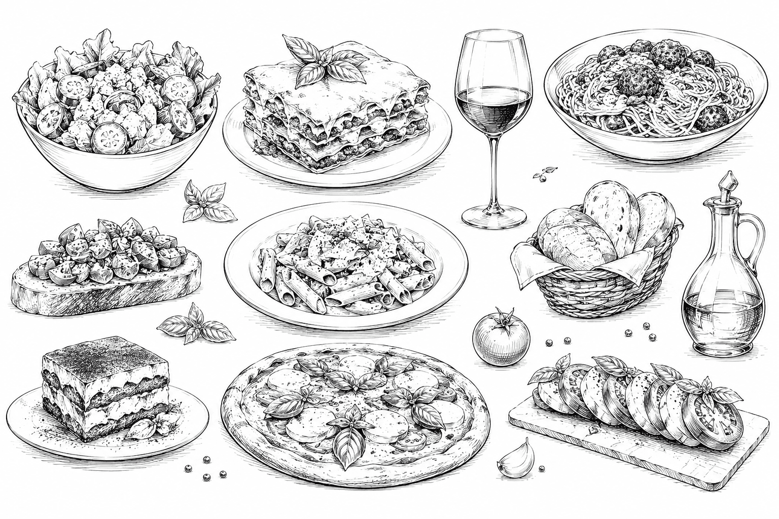 Line-art sketch of Italian dishes — salad, lasagna, pasta, pizza, and wine