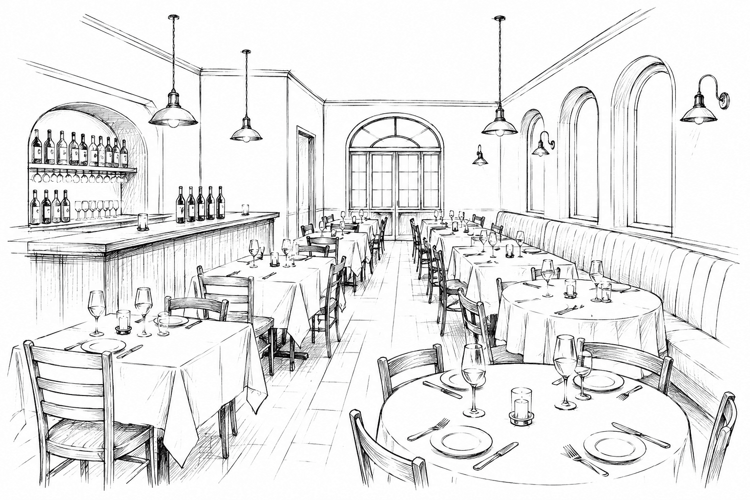 Line-art sketch of an elegant restaurant dining room