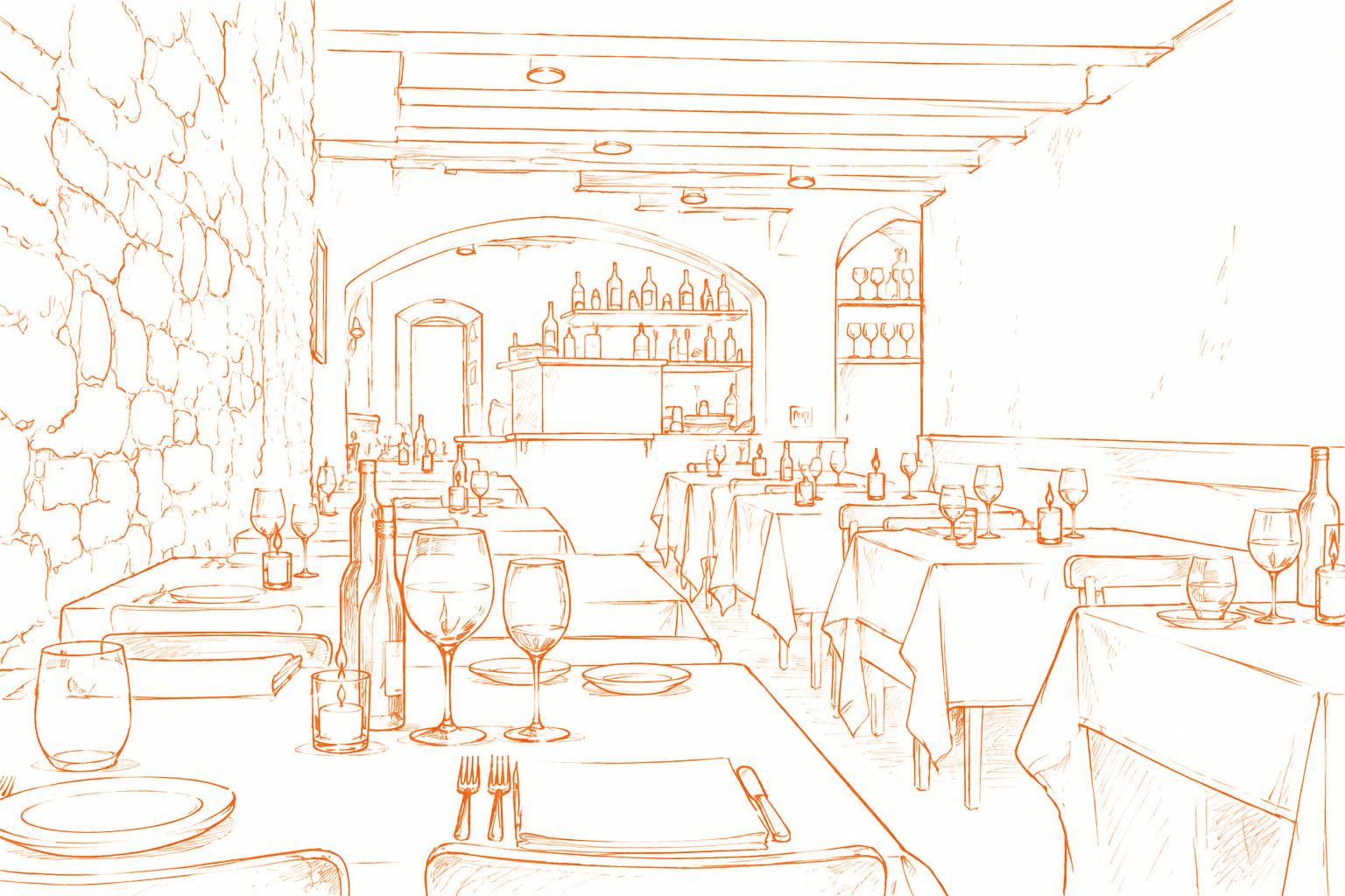 Line-art sketch of an elegant Italian trattoria dining room